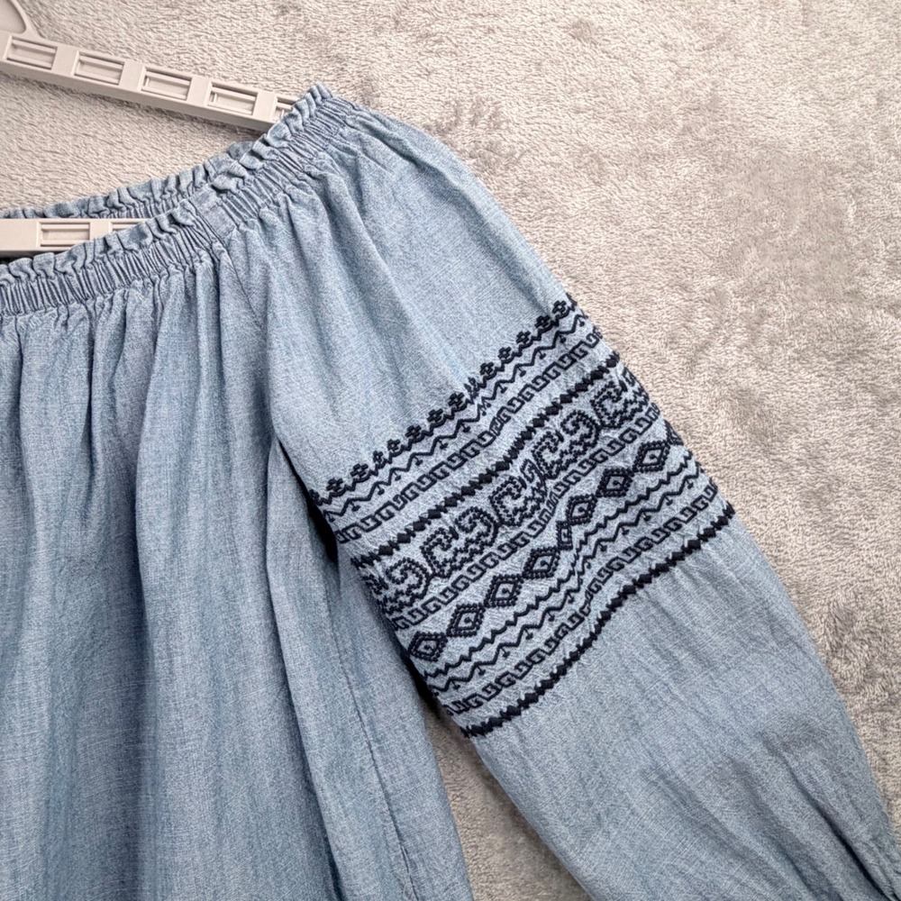 Gap Blouse Women S Blue Chambray Off the Shoulder Embroidered‎ Boho Peasant Top - Picture 5 of 10